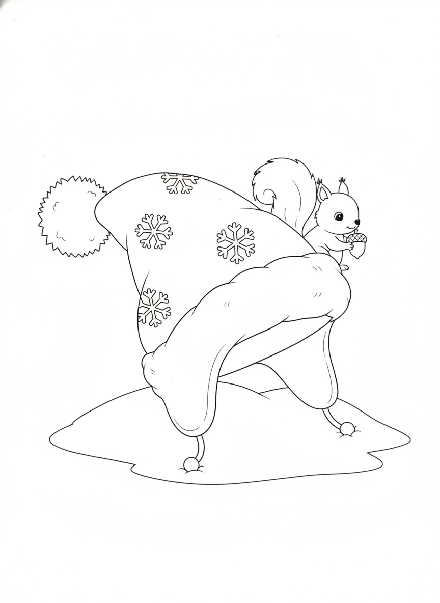 Cute Elf Winter Hat with Squirrel Coloring Page for Kids