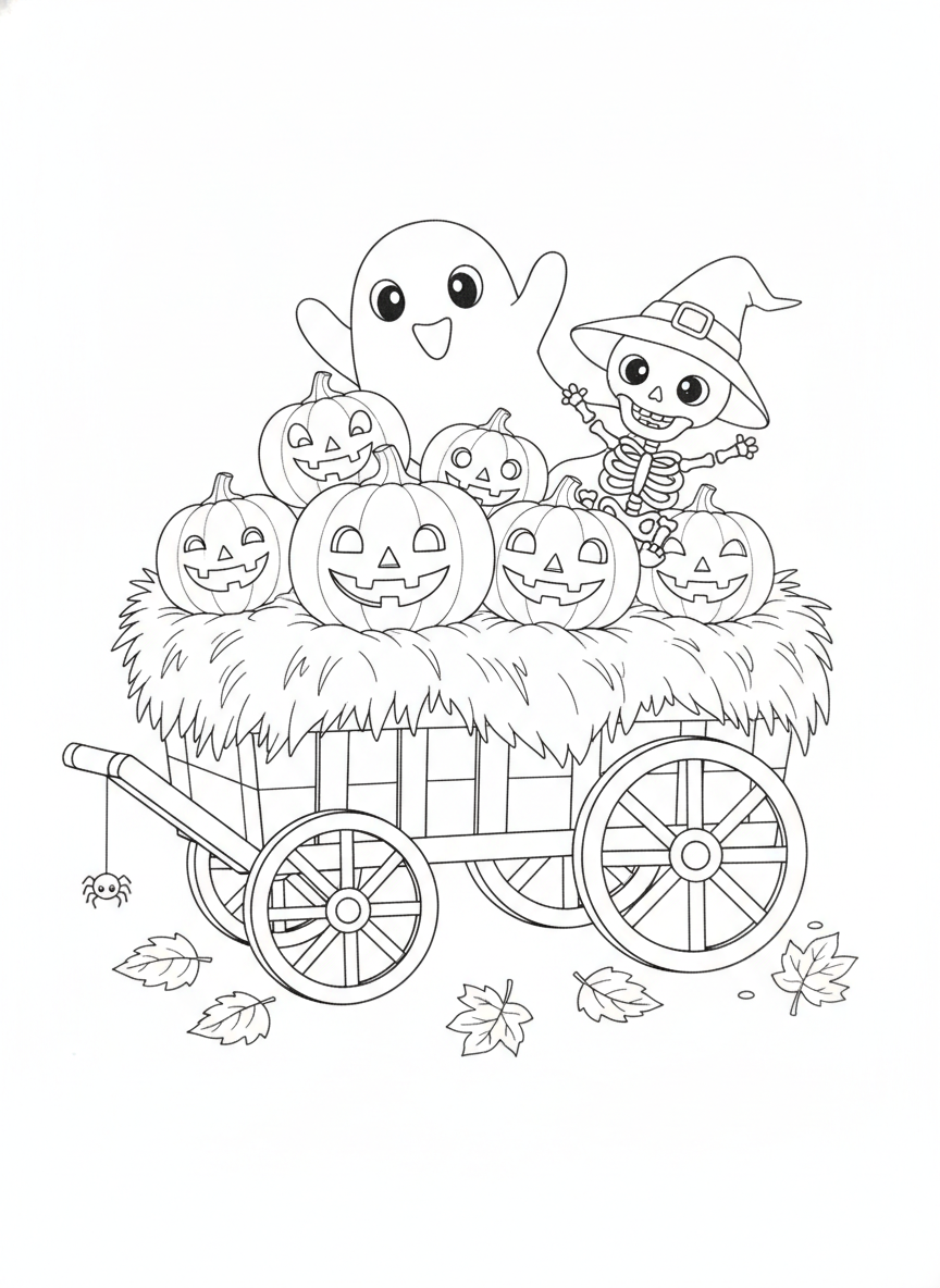 Cute Halloween Hay Cart: Fun Coloring Page for Kids 5-8