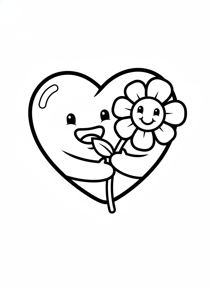 Cute Heart with Happy Flower Coloring Page for Kids