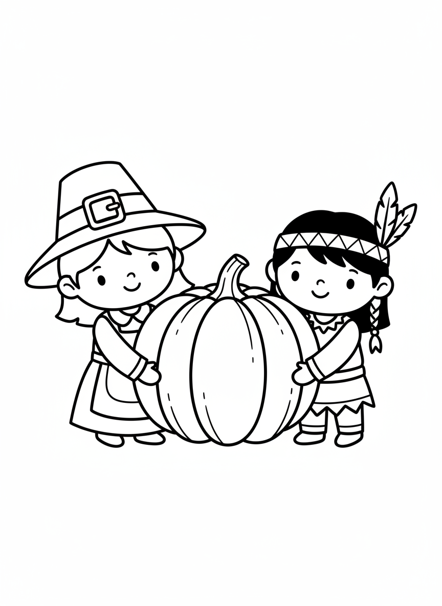 Cute Pilgrim & Native American Kids with Pumpkin - Thanksgiving Coloring Page