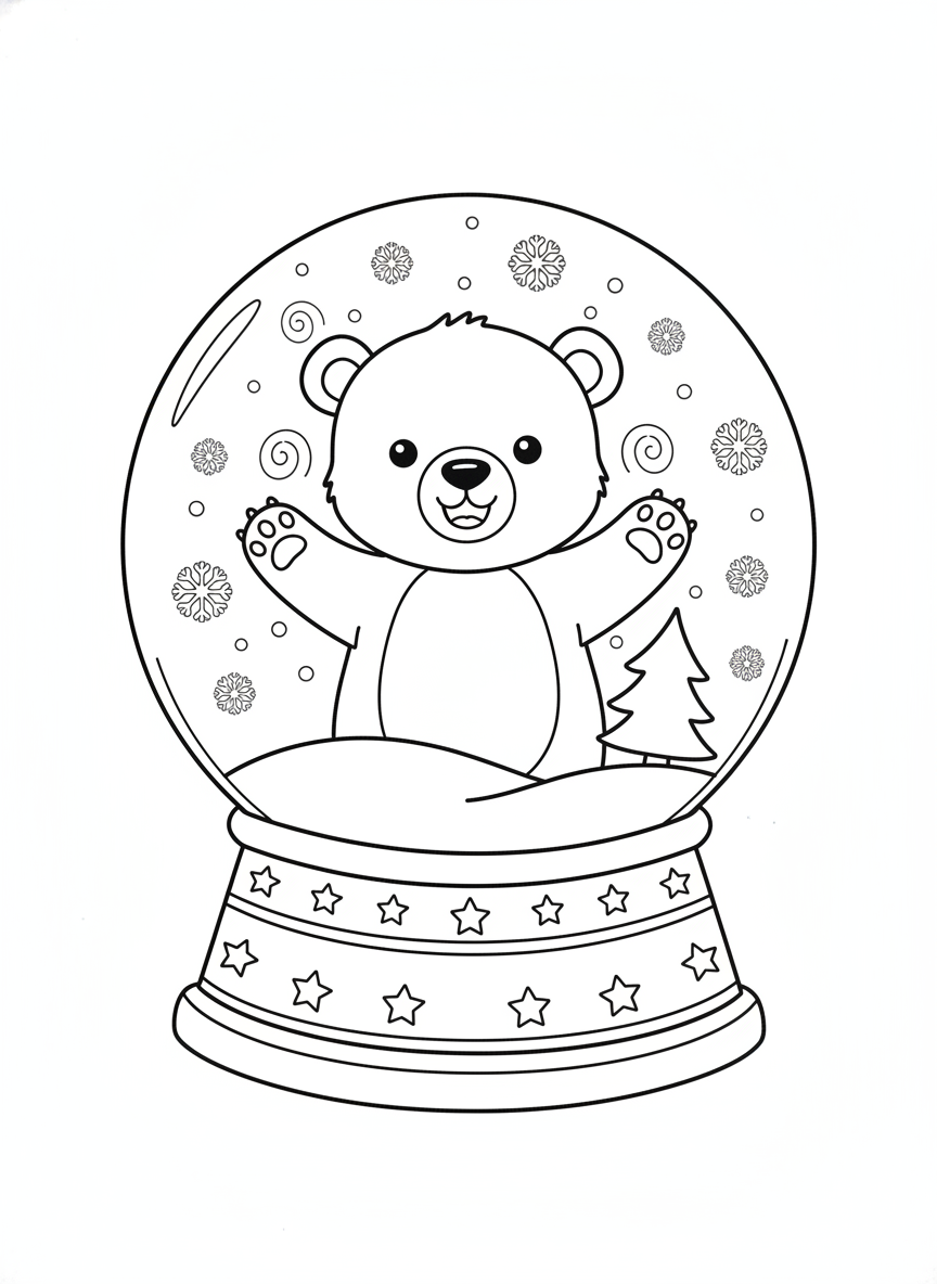 Cute Polar Bear Cub in Snow Globe Winter Wonderland Coloring Page