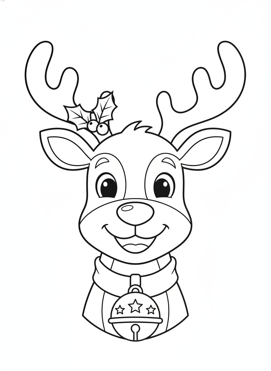 Cute Reindeer with Christmas Bell Coloring Page for Kids