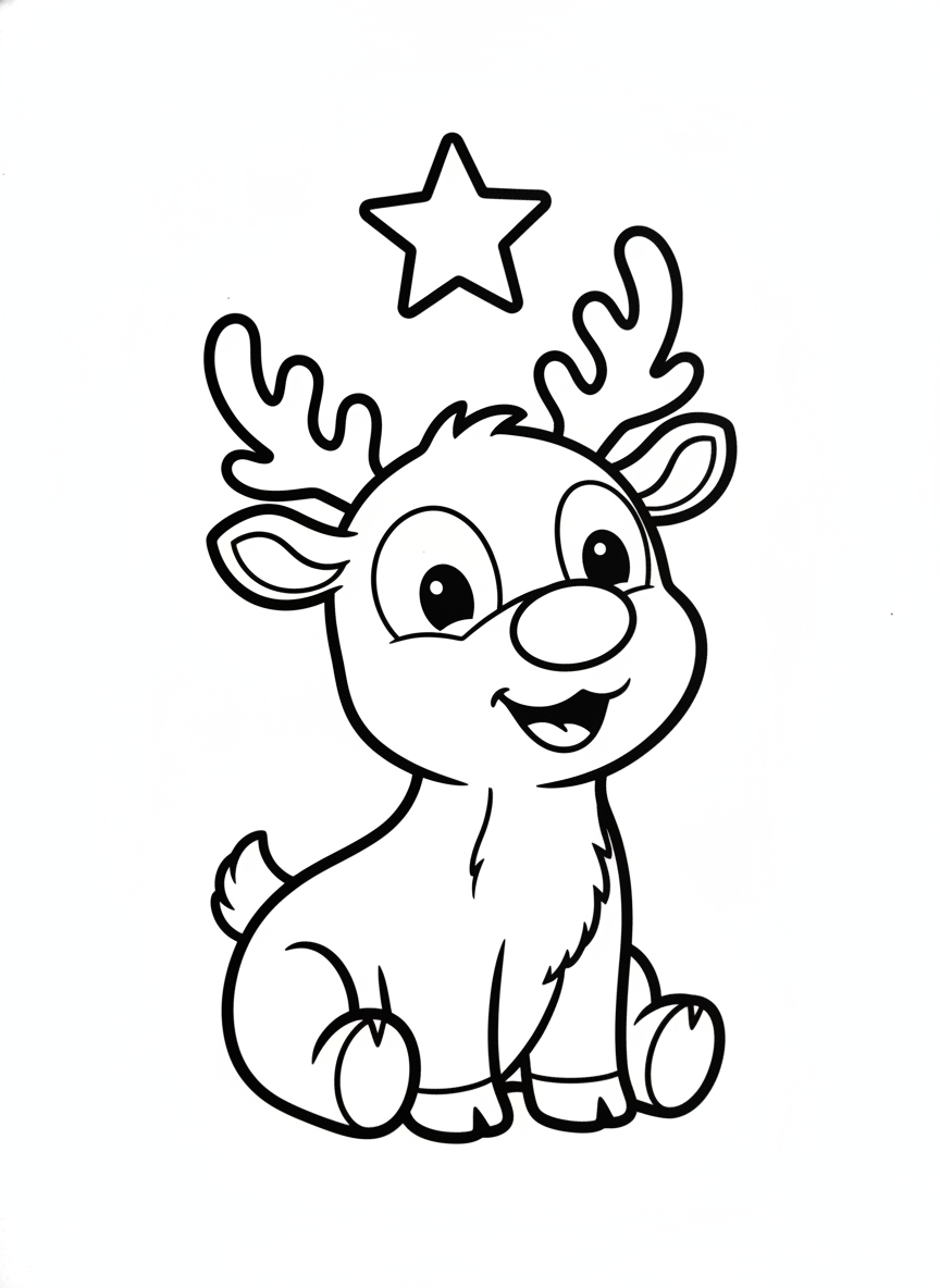 Cute Rudolph Reindeer & Star Coloring Page for Kids