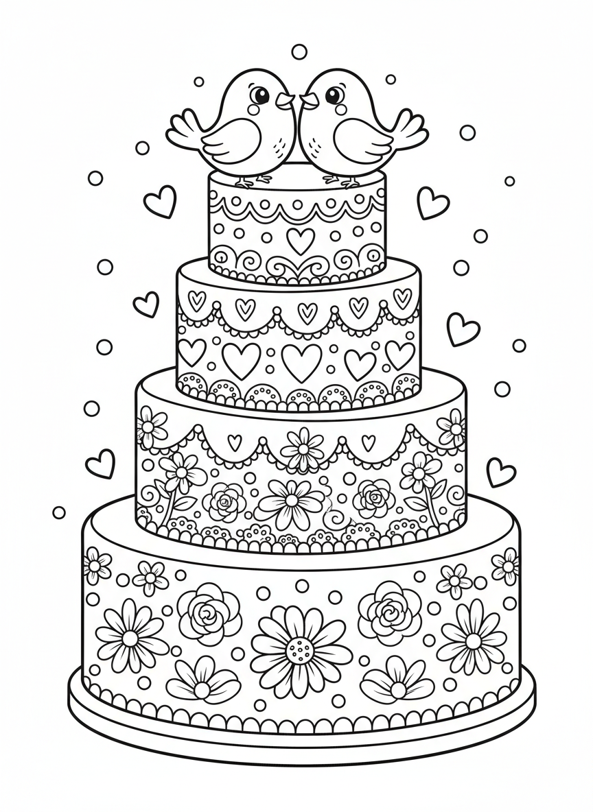 Cute Wedding Cake Coloring Page for Kids: Flowers, Lace & Doves