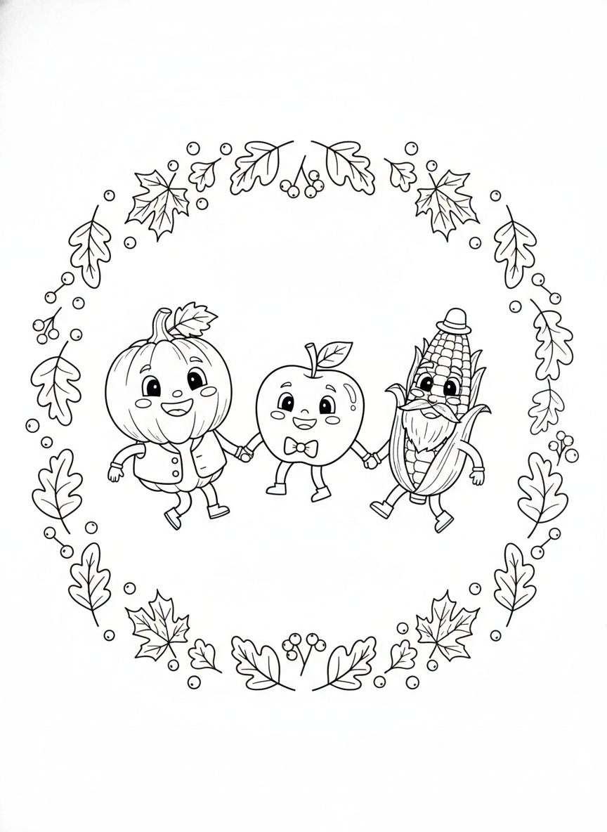 Dancing Autumn Harvest Friends Coloring Page