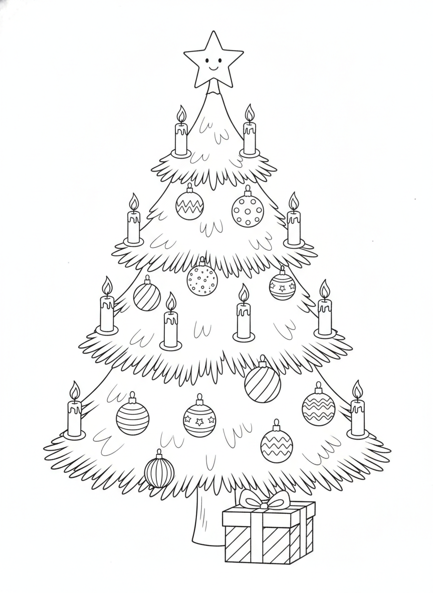 Delightful Christmas Tree Coloring Page with Candles & Gift for Kids