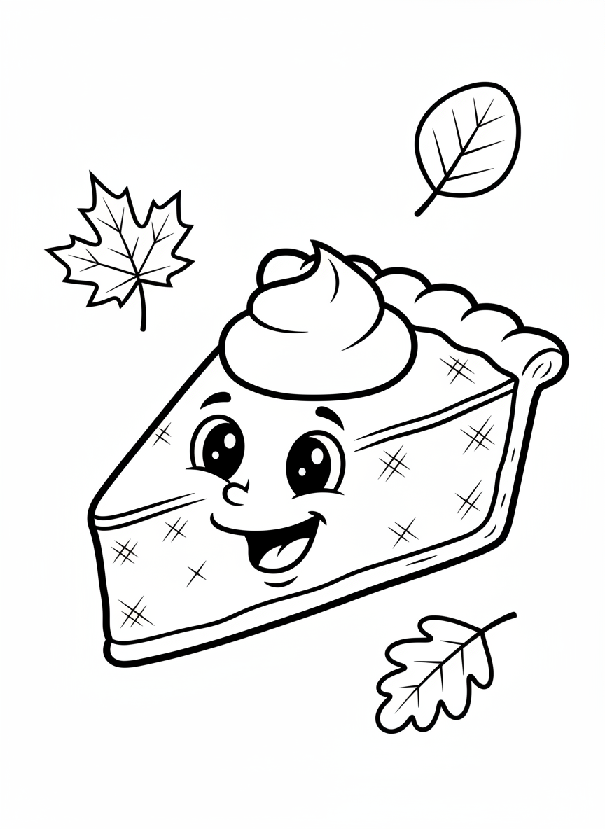 Delightful Pumpkin Pie Coloring Page with Autumn Leaves