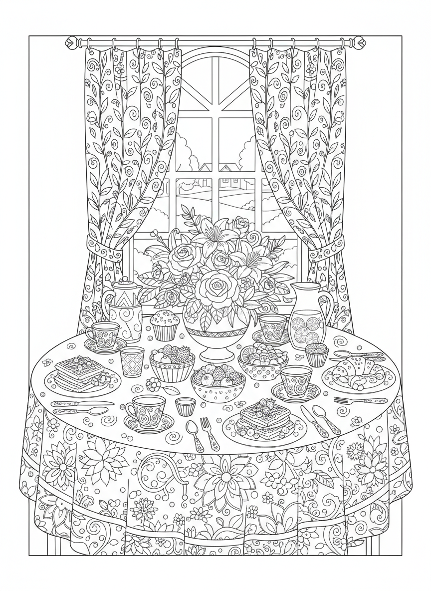 Detailed Mother's Day Brunch Scene Coloring Page
