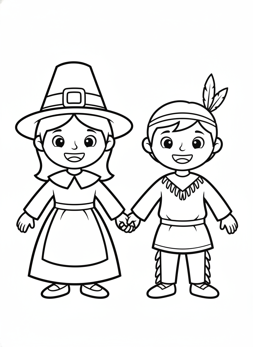 Easy Pilgrim & Native American Friendship Coloring for Kids
