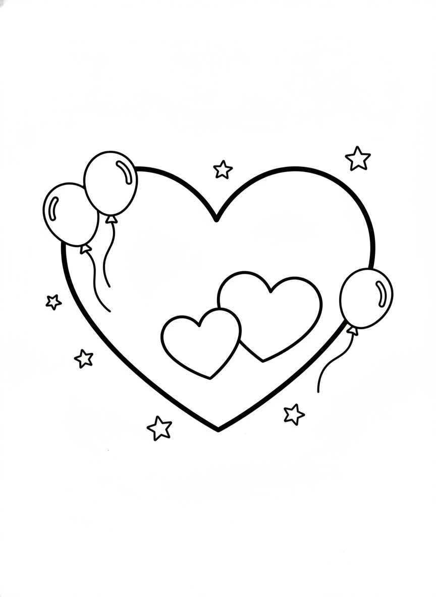 Family Love Heart & Balloons Coloring Page for Kids