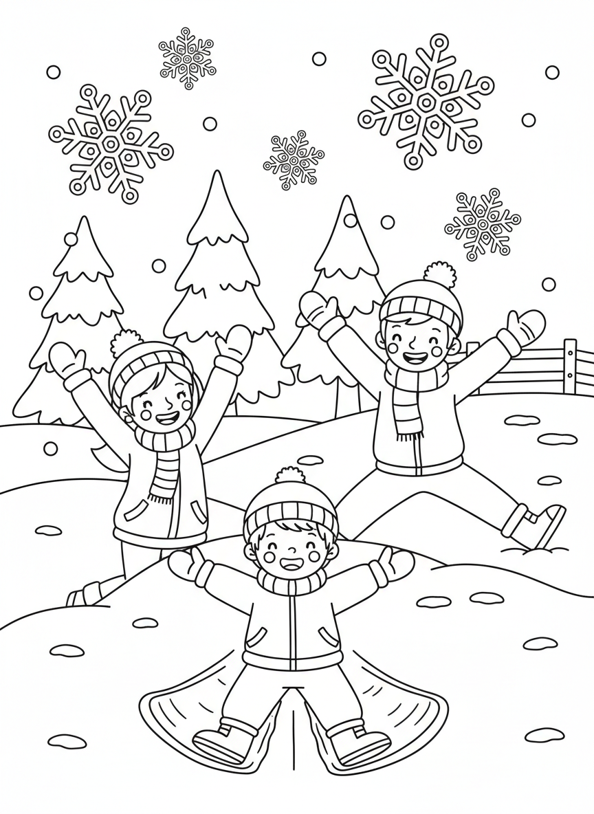 Family Snow Angels Fun Coloring Page