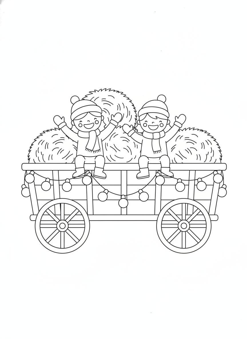 Festive Christmas Hayride Fun: Kids' Coloring Page