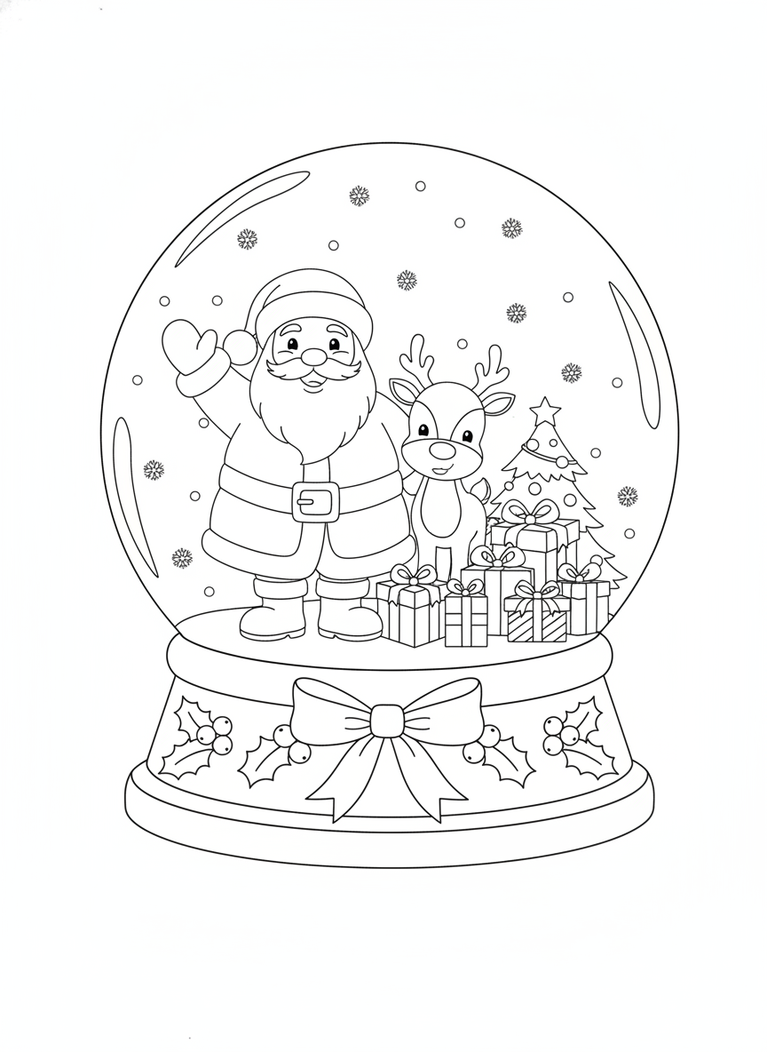 Festive Christmas Snow Globe Coloring Page with Santa & Reindeer