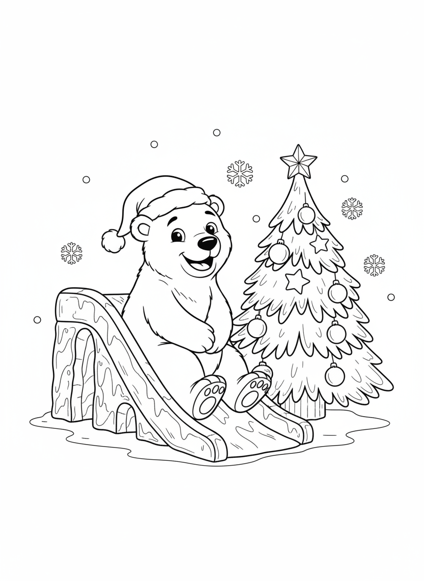 Festive Polar Bear Ice Slide Coloring Page