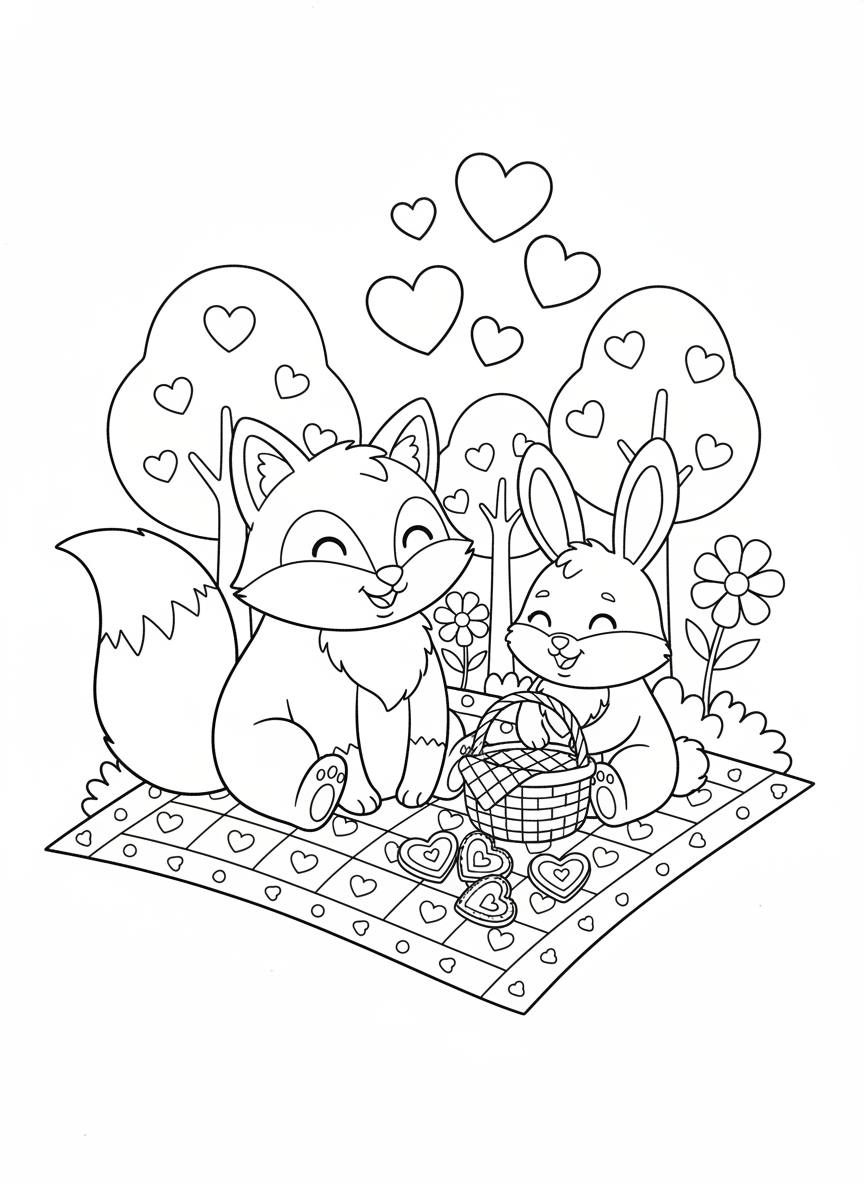 Forest Animals Valentine Picnic Coloring Page