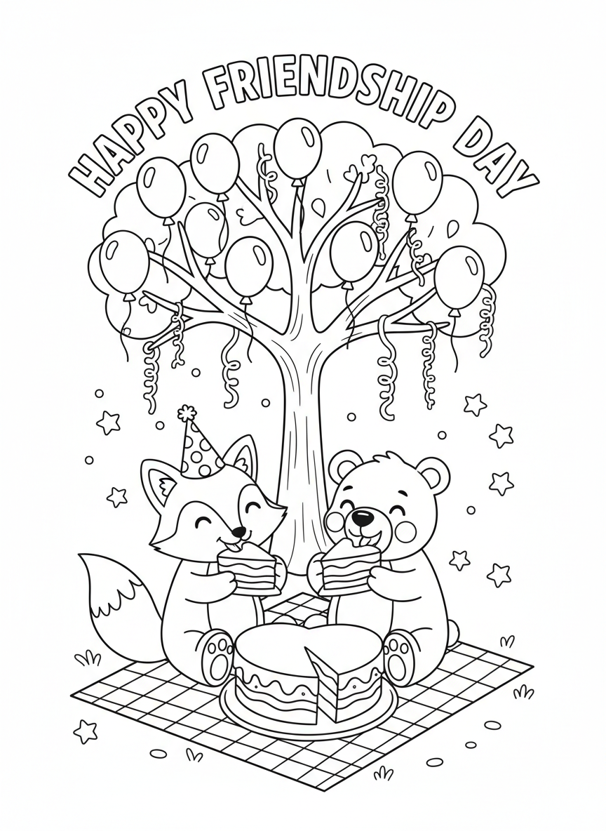 Fox & Bear Friends Sharing Cake Coloring Page
