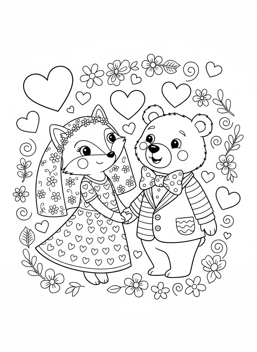 Fox Bride and Bear Groom Wedding Coloring Page for Kids