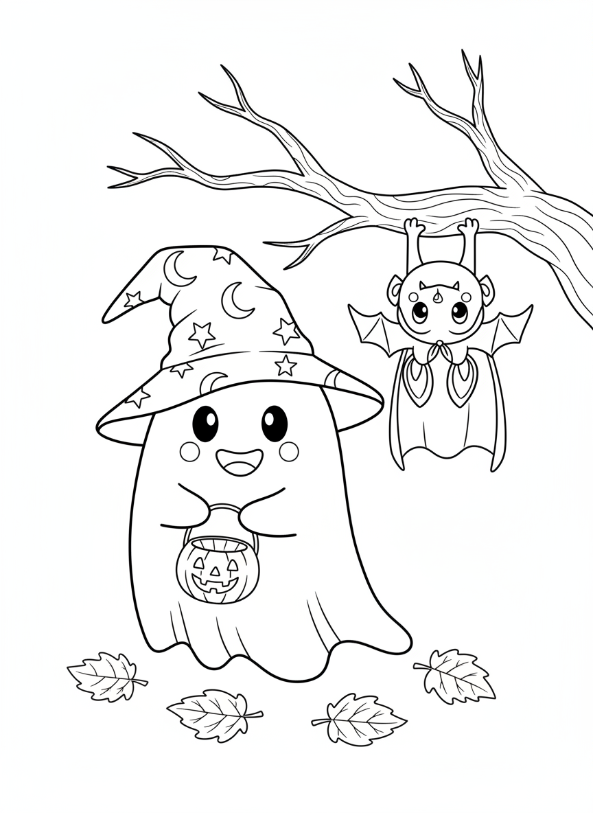 Friendly Ghost & Bat Halloween Coloring Page