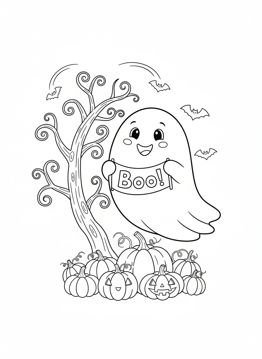 Friendly Ghost & Pumpkin Halloween Coloring Page for Kids