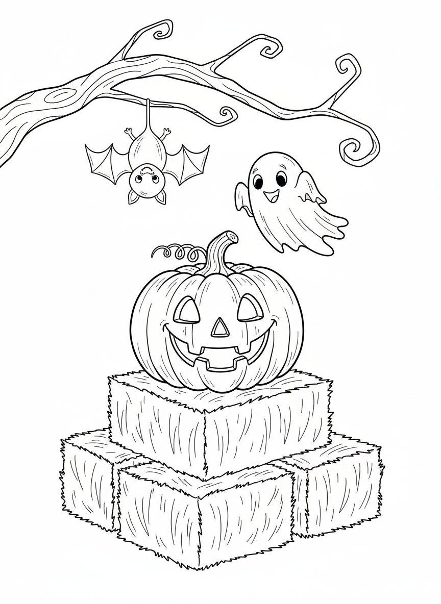 Friendly Jack-o'-Lantern & Playful Ghost Coloring Page