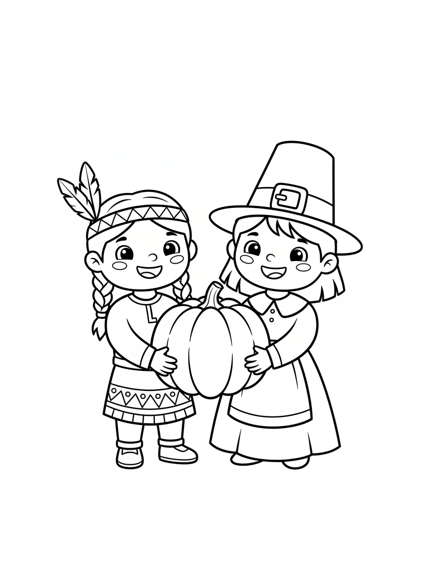 Friendly Kids & Pumpkin Coloring Page