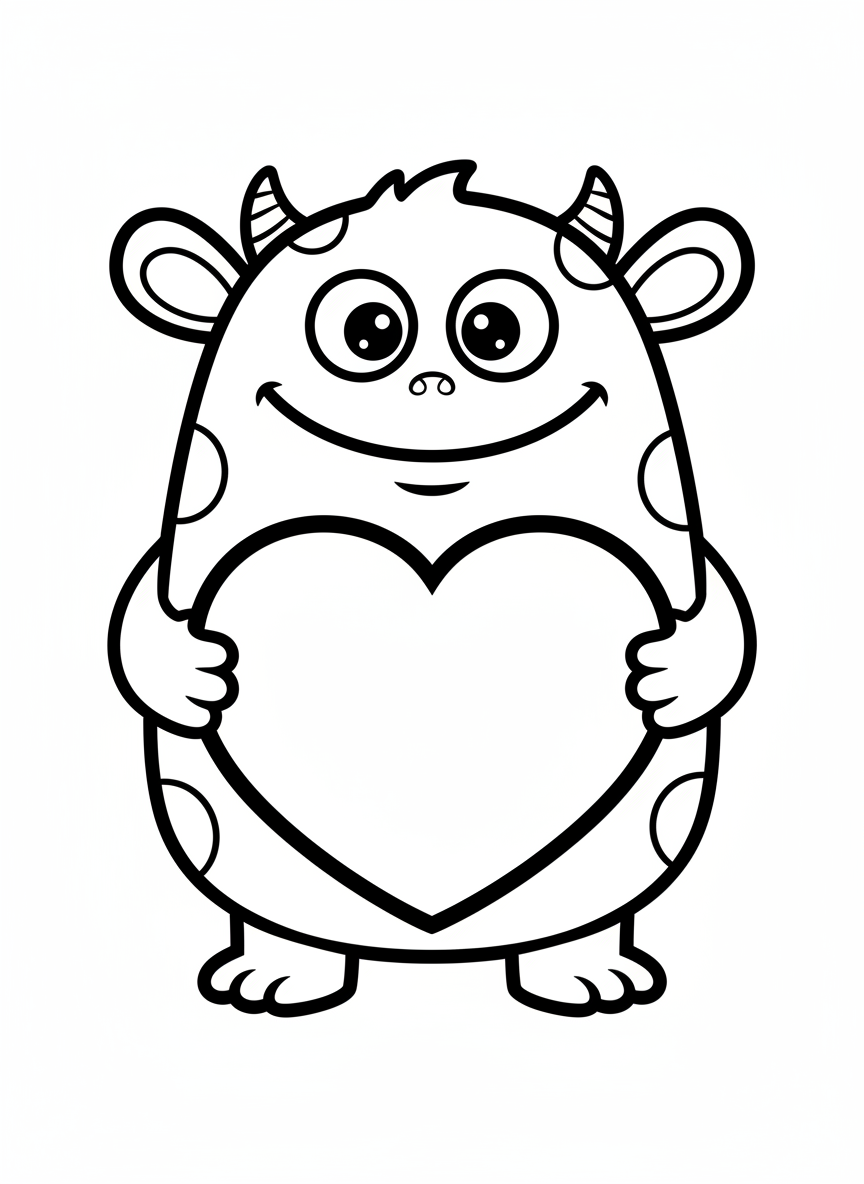 Friendly Monster Holds Heart Coloring Page