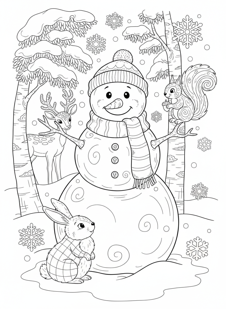友善雪人與森林動物：冬季仙境著色頁