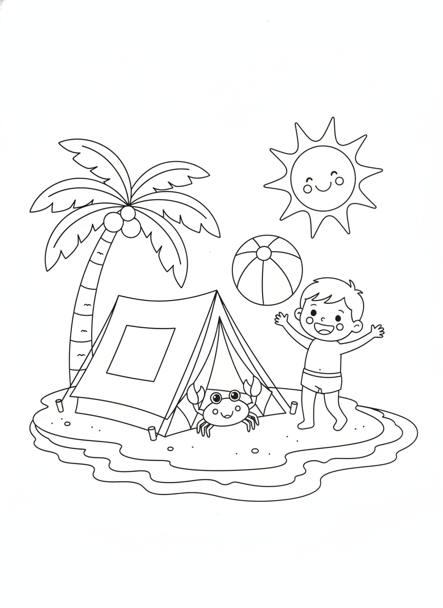 Fun Beach Camp Coloring Page: Tent, Child & Crab