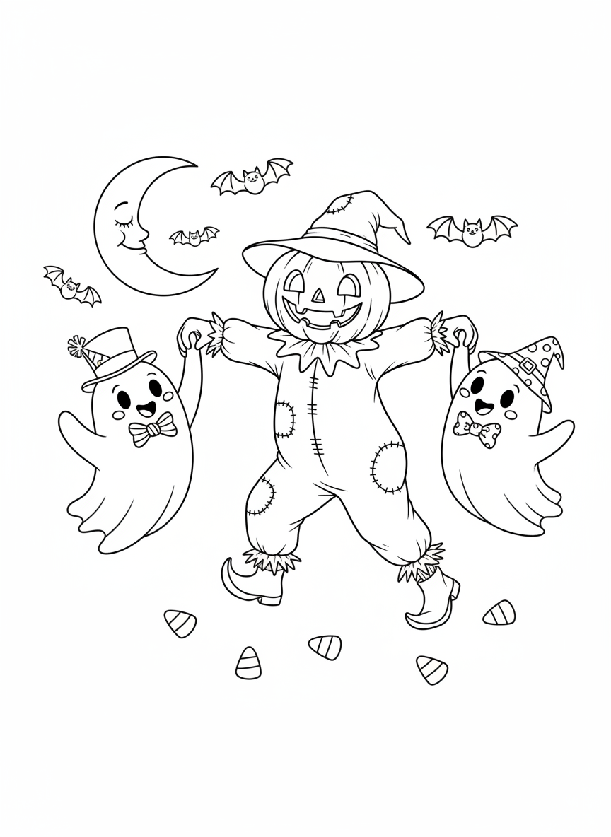 Halloween Ghosts & Scarecrow Party Coloring Page
