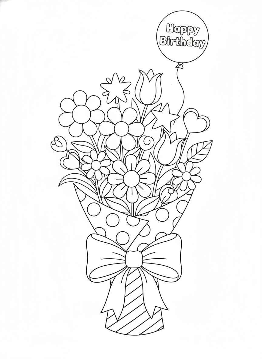 Happy Birthday Flower Bouquet Coloring Page for Kids