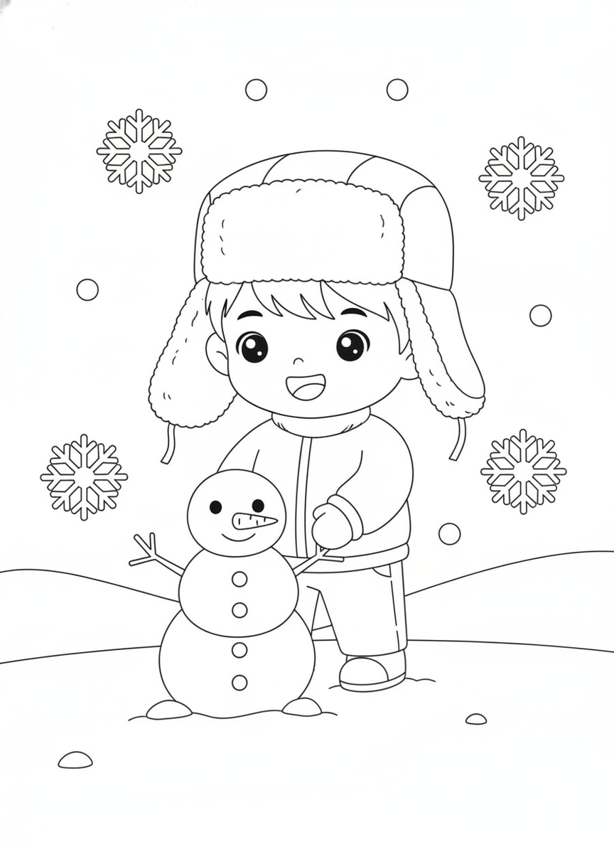 Happy Boy Building a Snowman in a Gentle Winter Scene