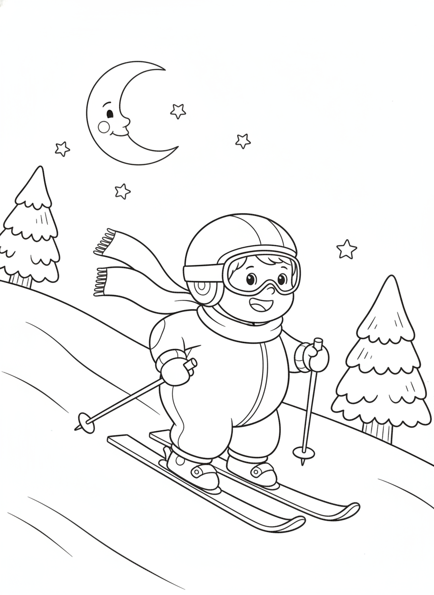 Happy Child Skiing Under Moonlight Coloring Page