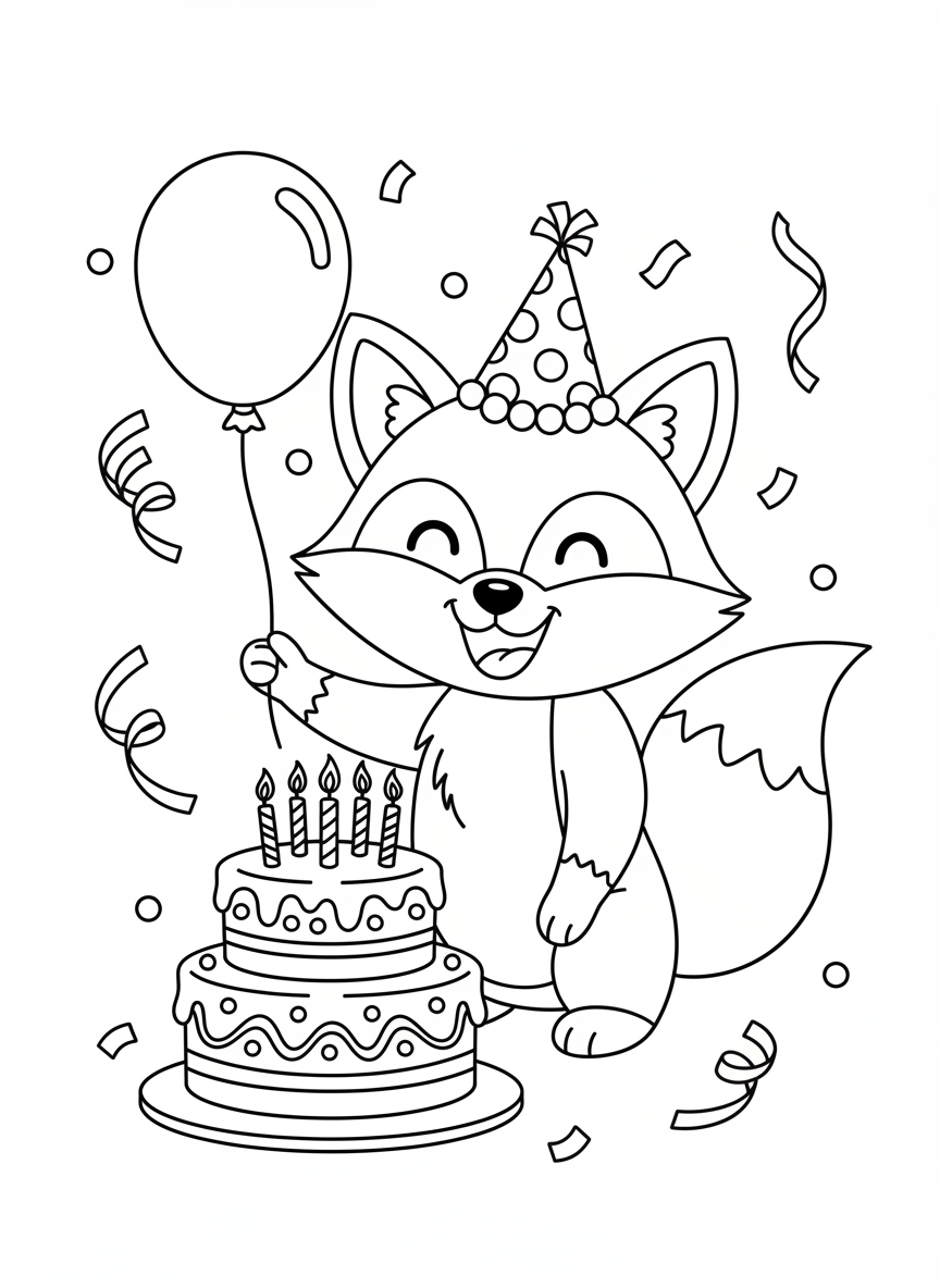Happy Fox Birthday Coloring Page