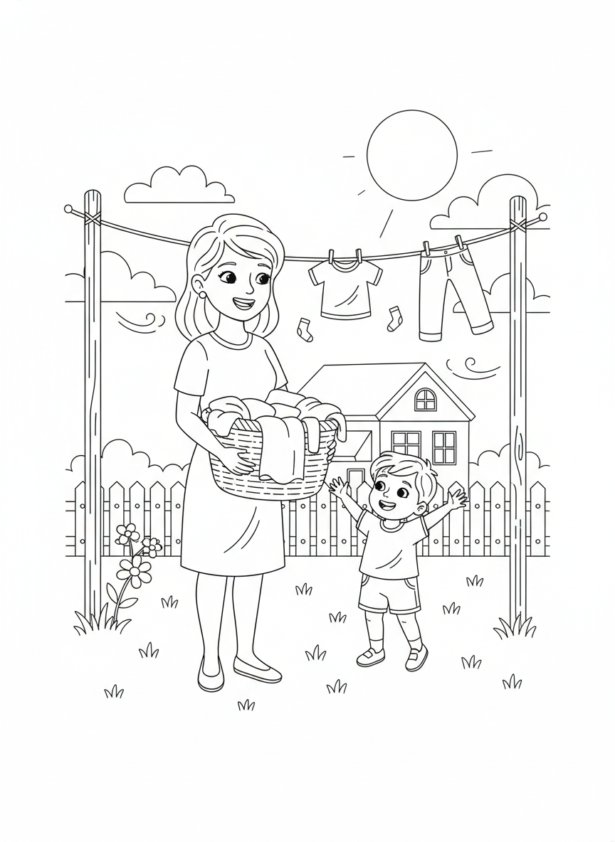 Helping Mom with Laundry Coloring Page