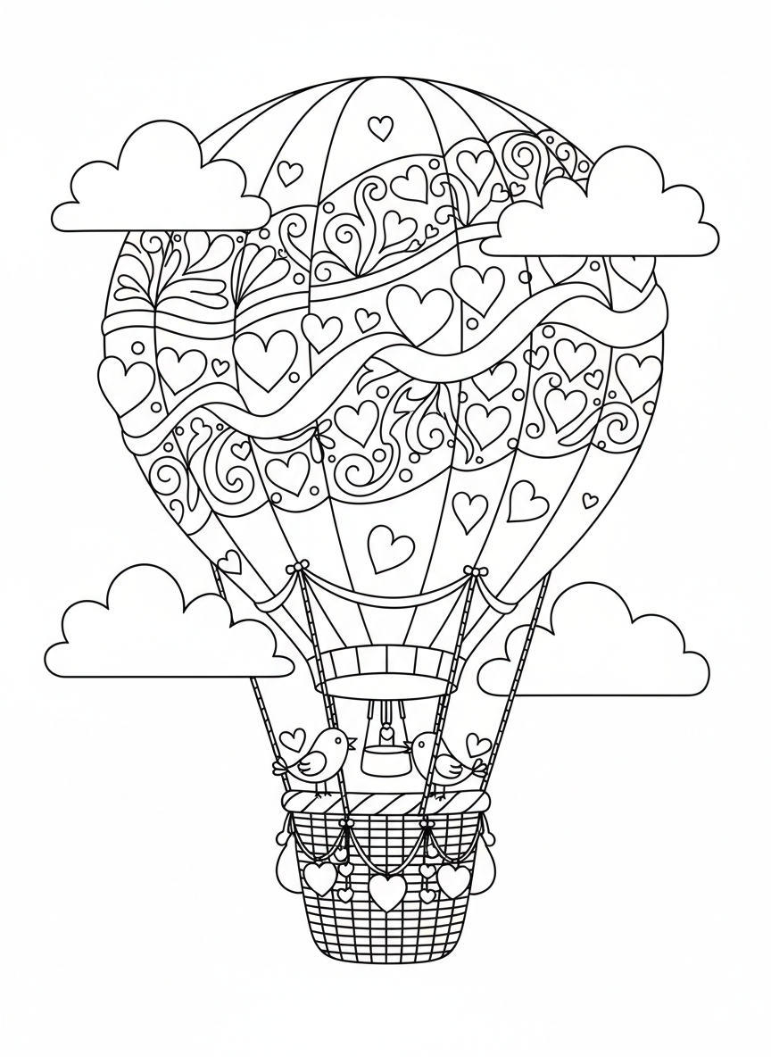 Hot Air Balloon of Hearts Coloring Page