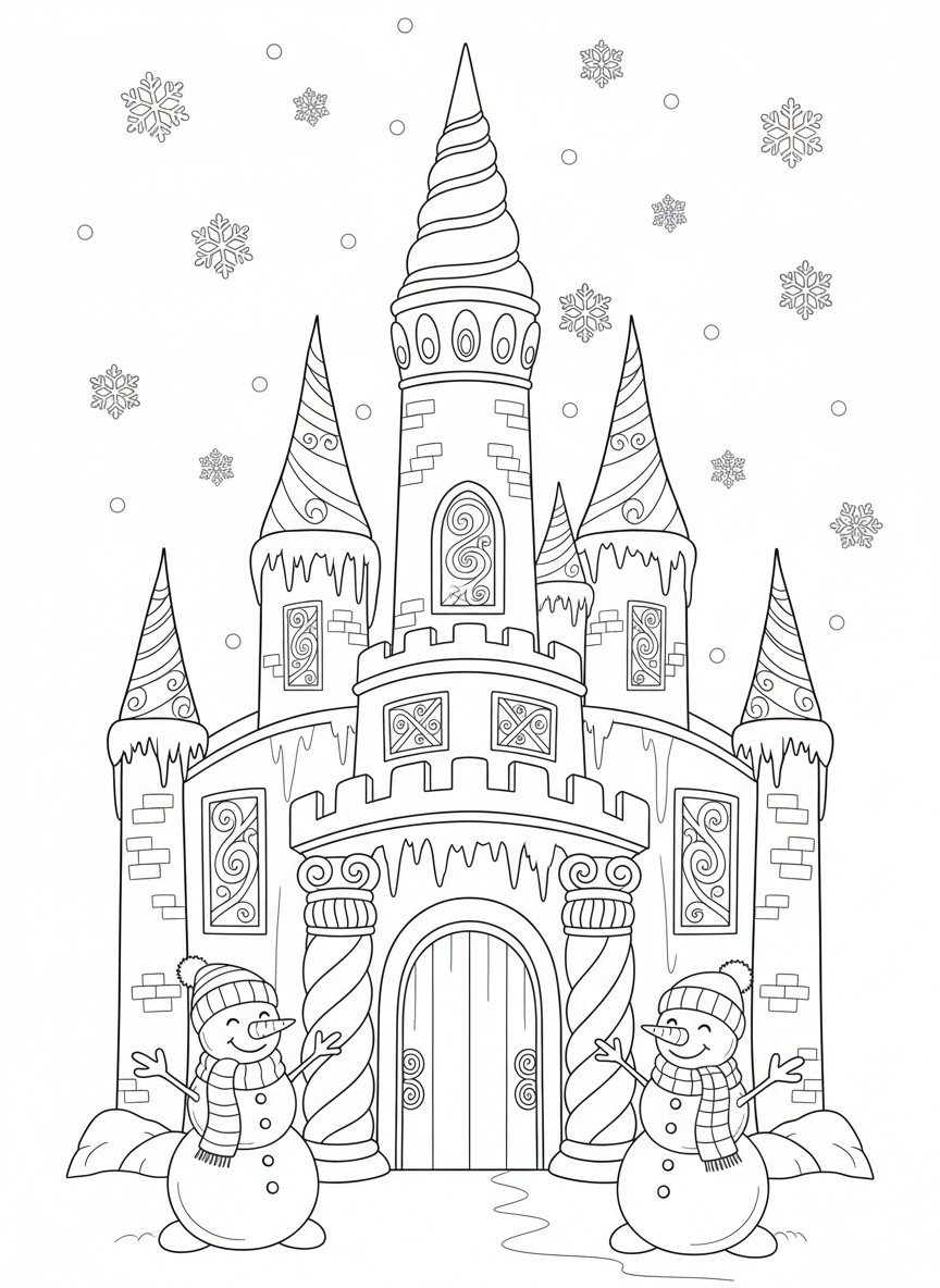 冰雪城堡與雪人著色頁