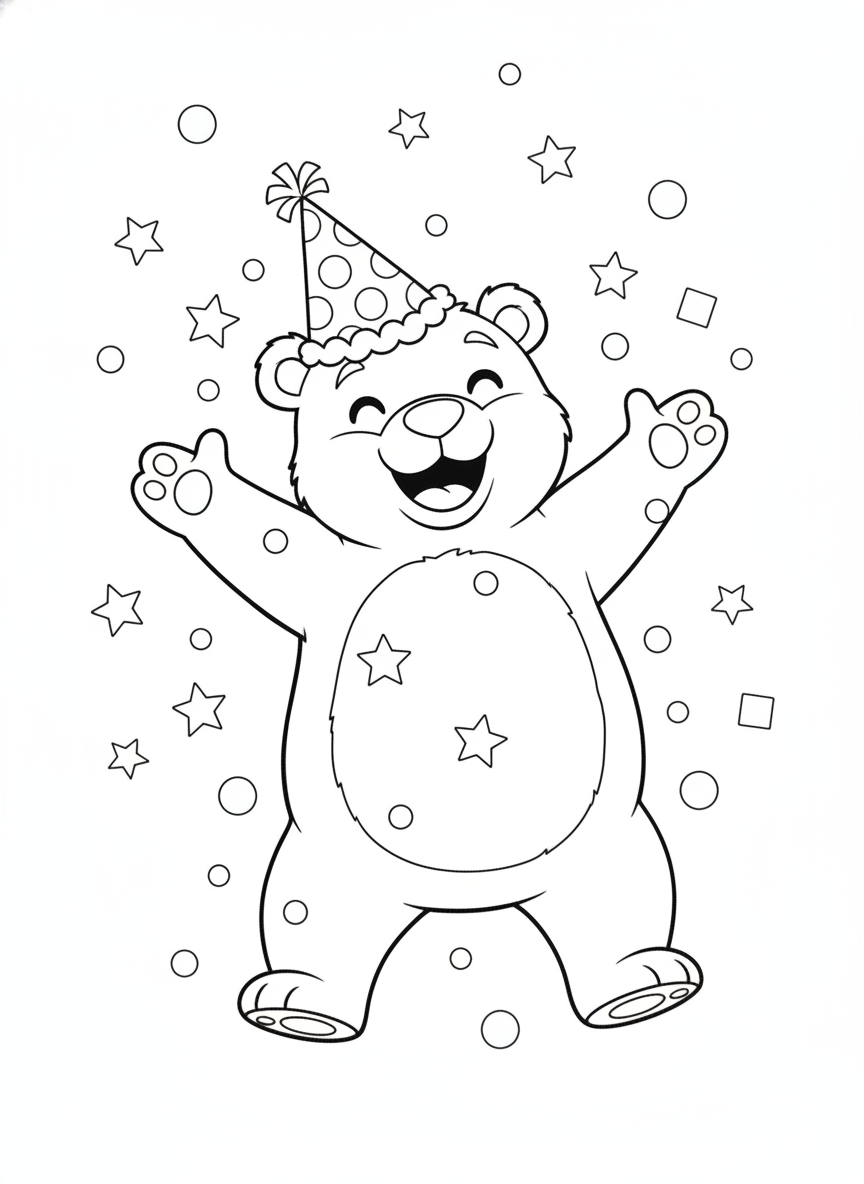 Joyful Bear Party: Confetti Fun Coloring Page for Kids