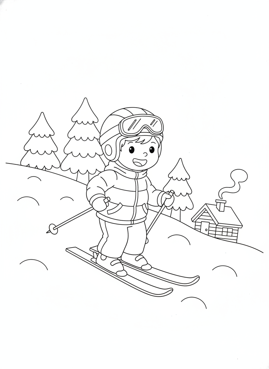 Joyful Ski Adventure: Cute Cartoon Child on a Bumpy Winter Slope