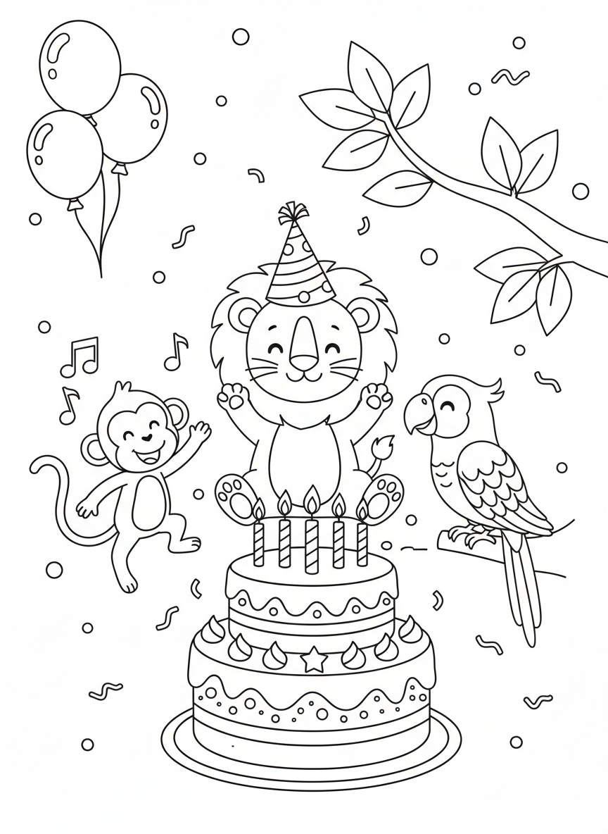 Jungle Animal Birthday Party Coloring Page for Kids