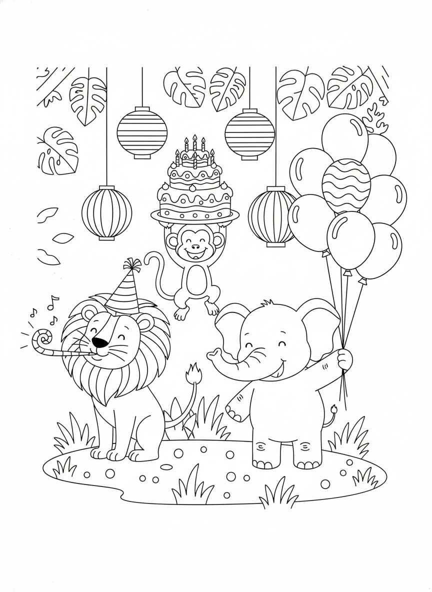Jungle Animal Party Coloring Page