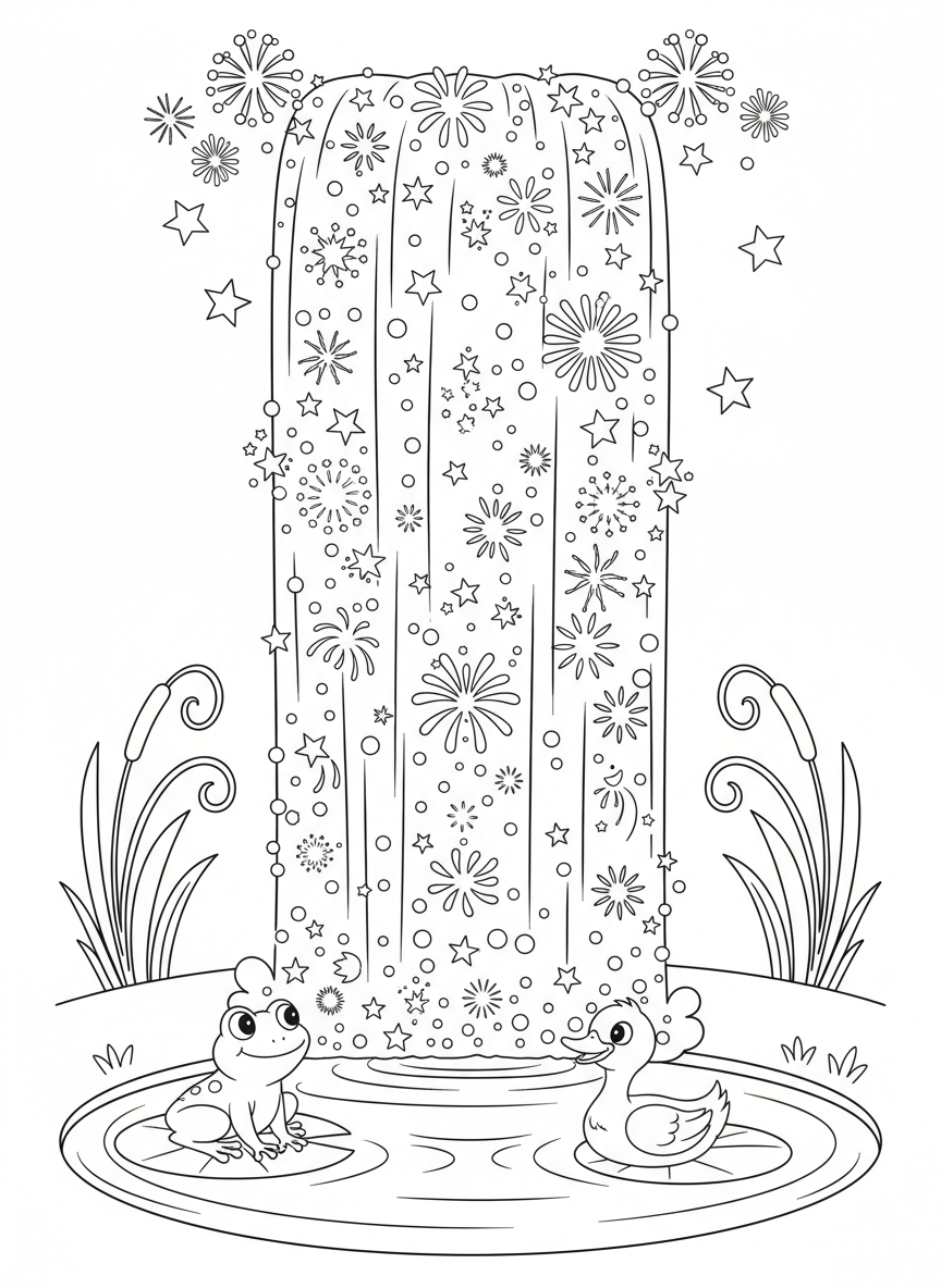Magical Fireworks Waterfall Coloring Page