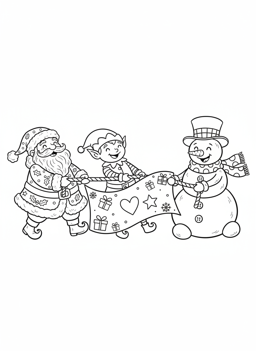 聖誕快樂遊行：聖誕老人、精靈和雪人拉橫幅著色頁