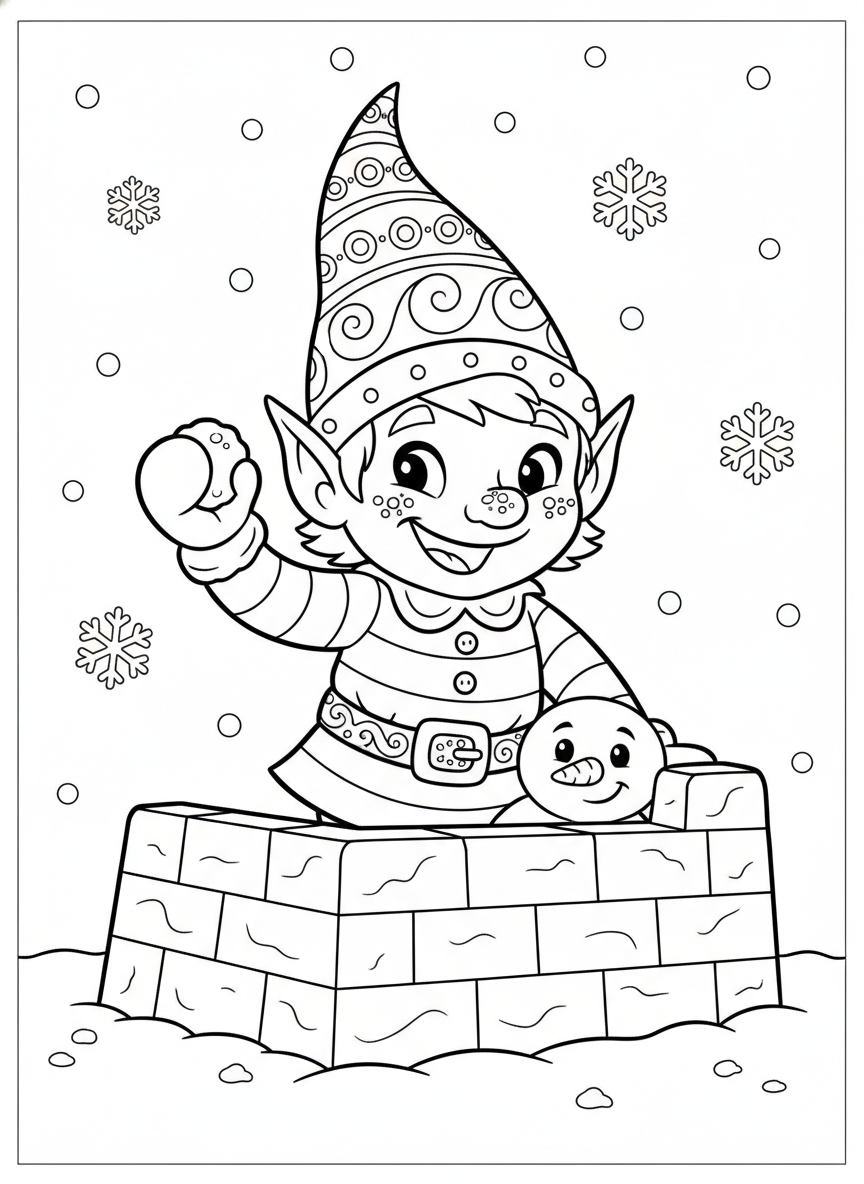 調皮雪精靈築雪堡：奇幻冬日兒童塗色頁