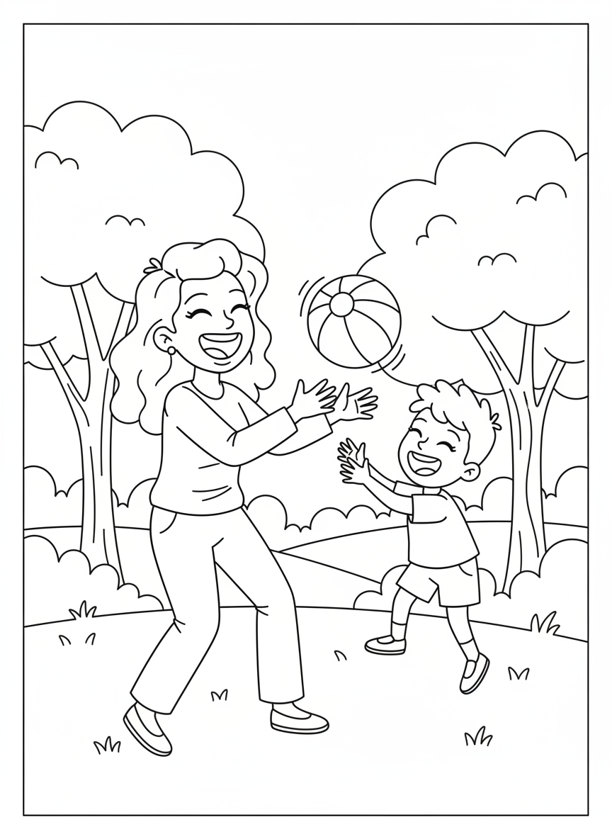 Mom and Child Playing Ball Coloring Page