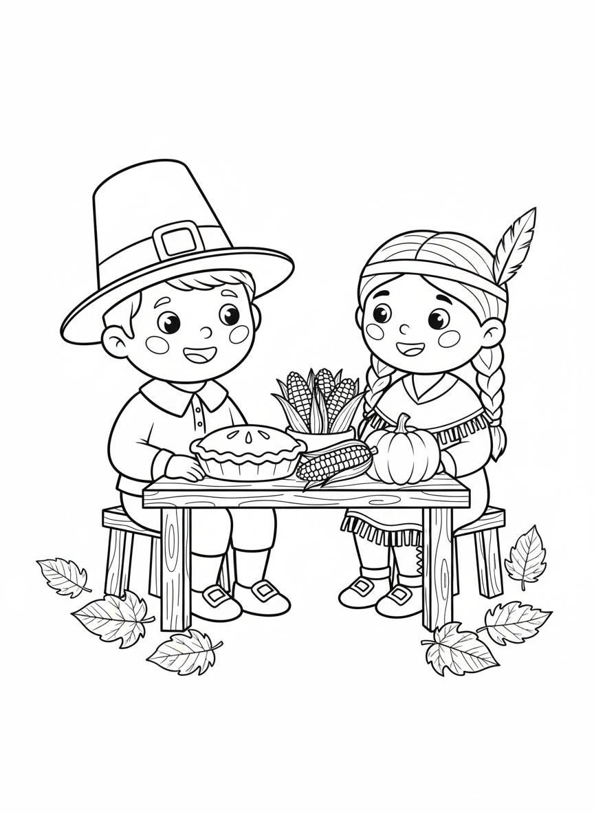 Pilgrim Boy & Native American Girl Coloring Page