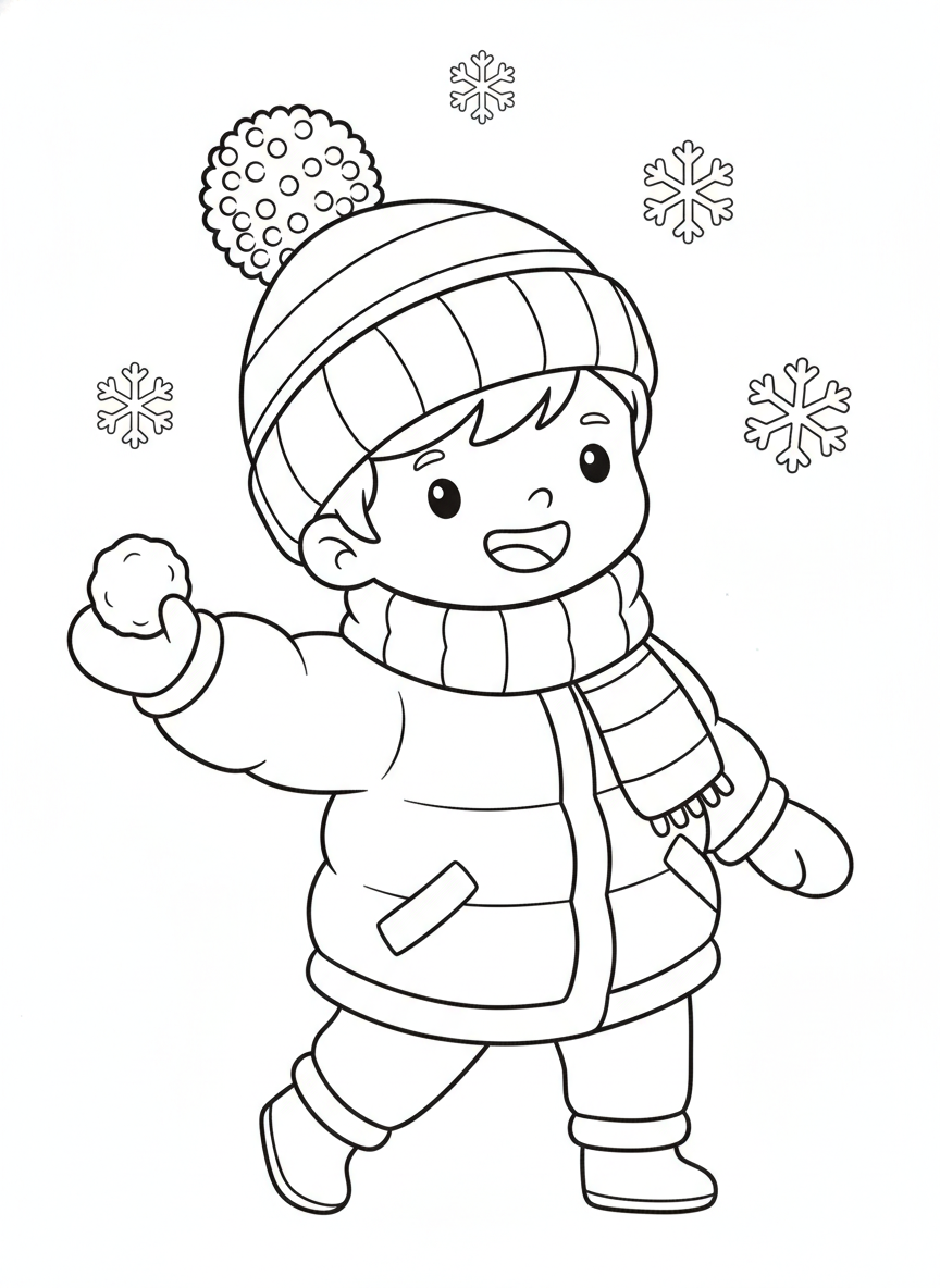 Playful Child Throwing Snowball in Winter Hat Coloring Page