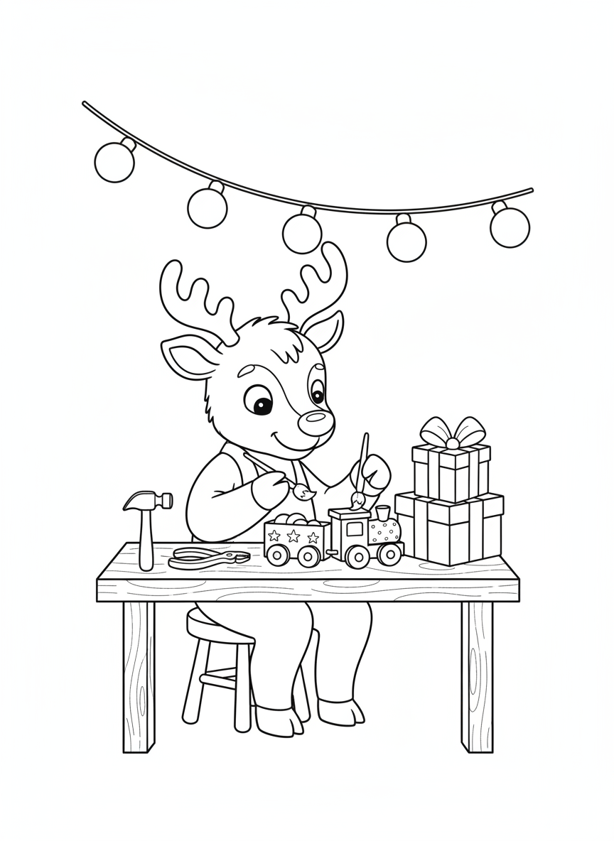 Reindeer's Toy Train Workshop Coloring Page