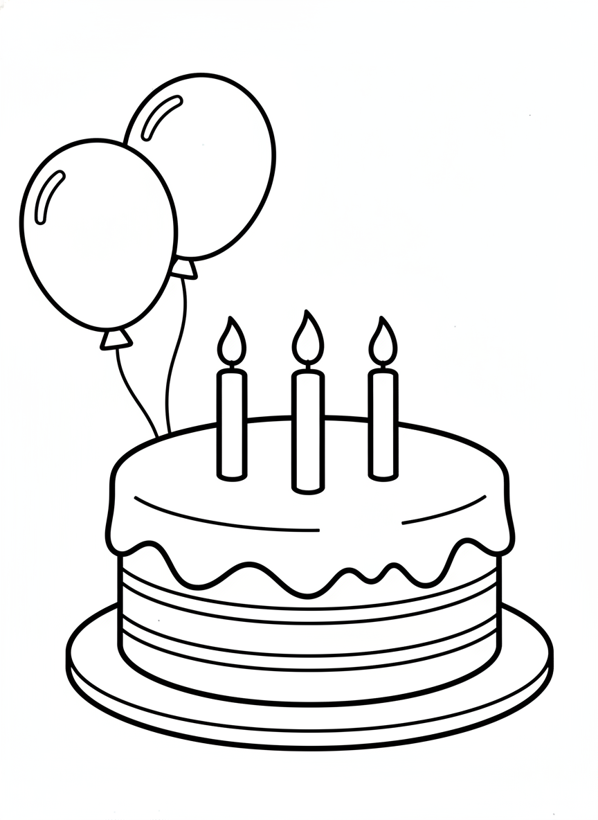Simple Birthday Cake & Balloons Coloring Page for Kids
