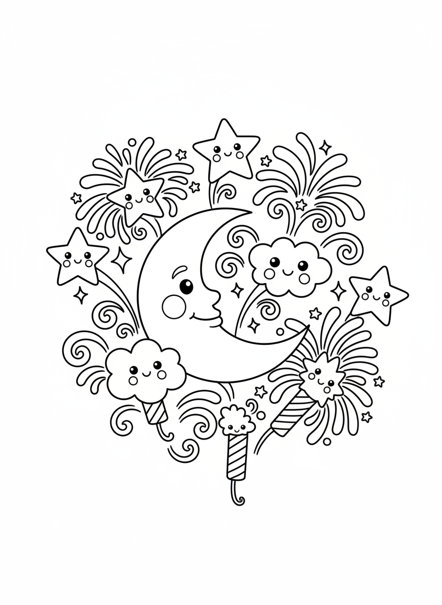 Smiling Mini Fireworks Coloring Page for Kids