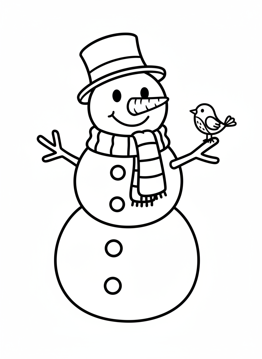 Snowman with Bird Friend Coloring Page